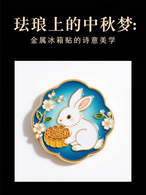 《珐琅上的中秋梦：金属冰箱贴的诗意美学》主题封面，画面中央是精致华丽的中国风金属珐琅冰箱贴，金色描边勾勒轮廓，蓝白渐变珐琅釉色细腻通透，立体浮雕质感呈现兔子抱月饼的中秋经典形象，周围点缀桂花元素，背景预览效果