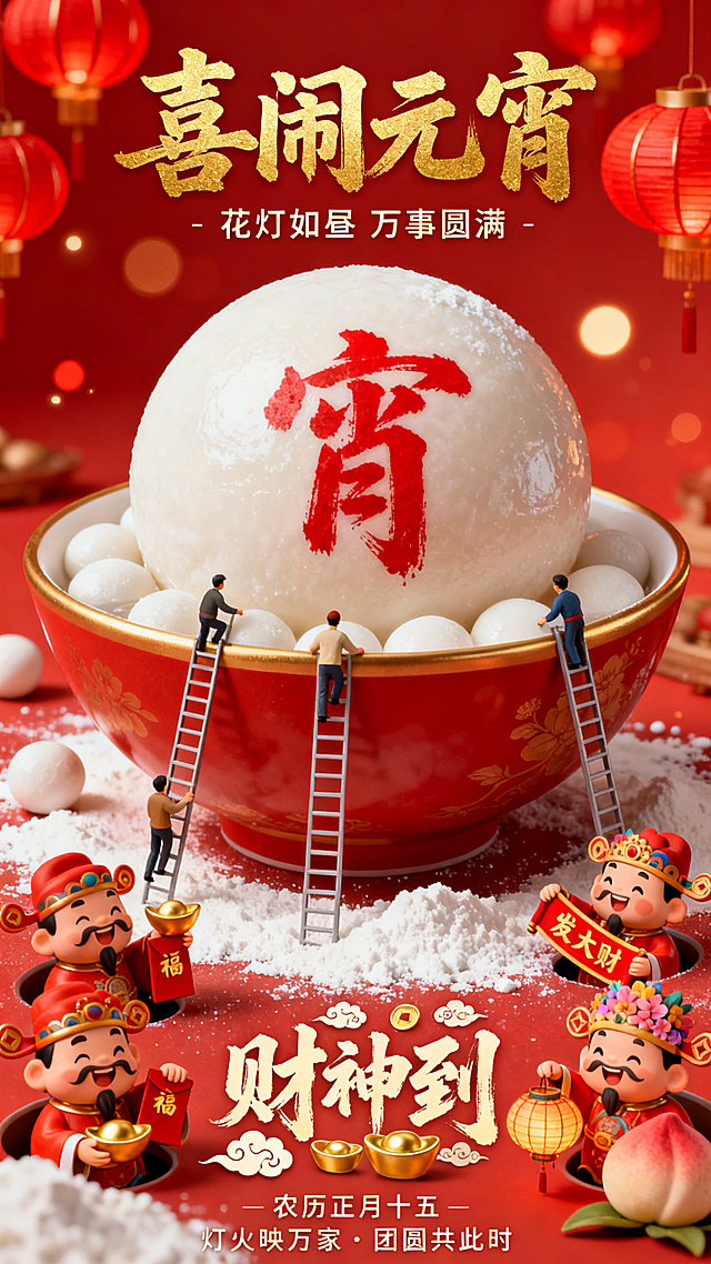 喜庆红金配色，3D微缩艺术风格呈现元宵主题，卡通财神与粘土质感汤圆营造国潮趣味，鎏金字体点缀，重拟物手法强化中式节日氛围。