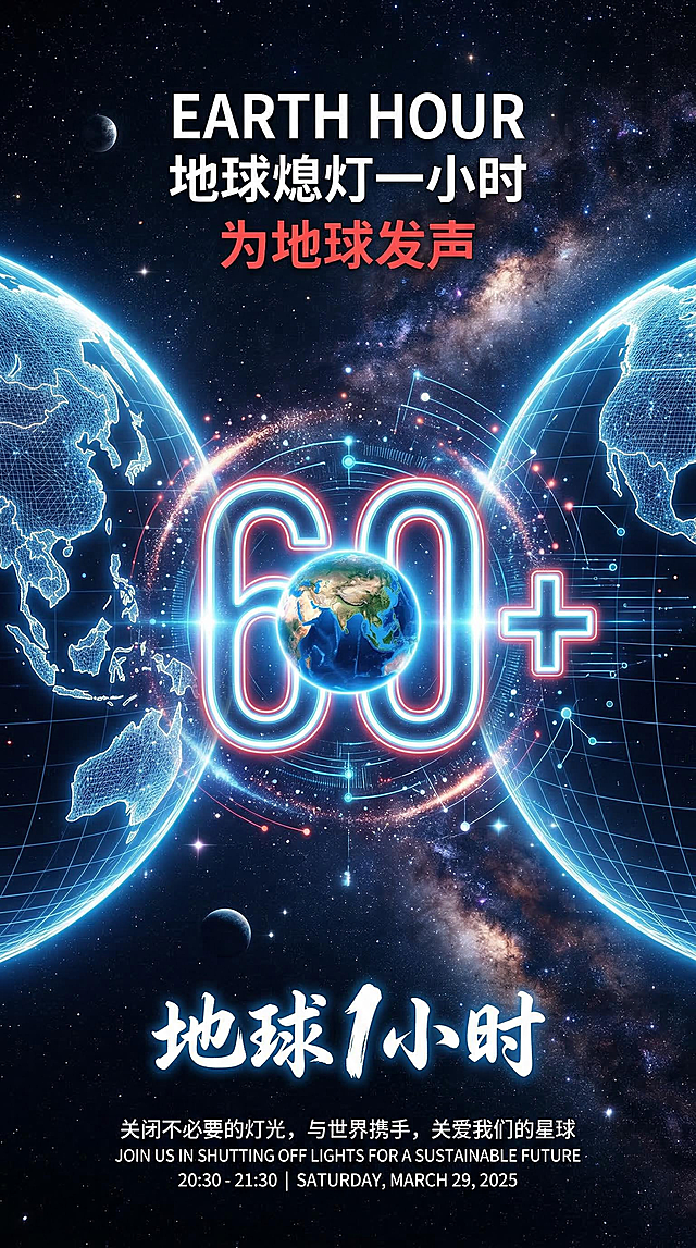 深邃星空背景的地球一小时竖版海报，科技宇宙风，对称构图。两侧巨大地球轮廓，中间是发光 "60+" 数字嵌套迷你地球。文字部分：顶部白色英文 "Earth Hour"、中文 "地球熄灯一小时" 与红色 "为地球发声"，中部白色艺术字 "地球 1 小时"。