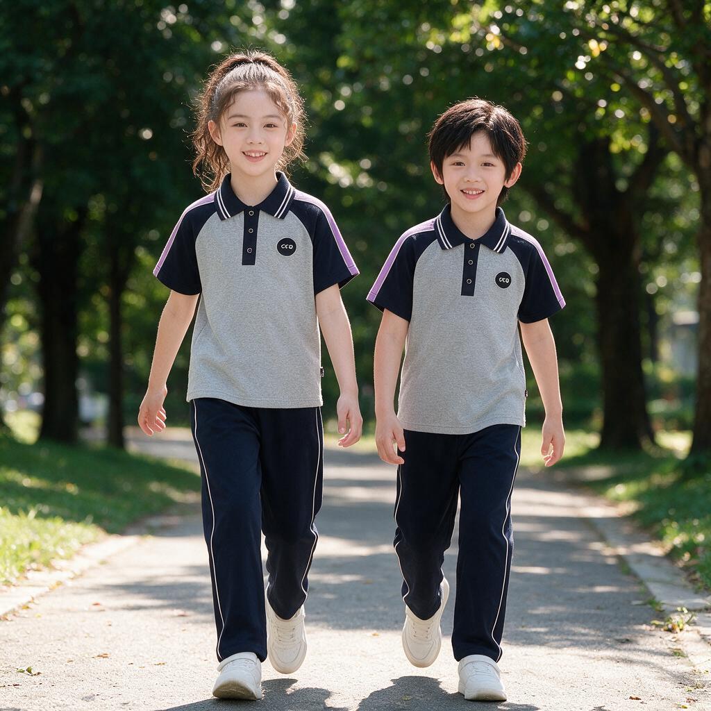 模特走路姿势全身展示套装，小学生灰色拼色短袖藏蓝长裤校服，南方… - 图片创意预览
