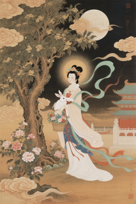 敦煌风格中国画，广寒宫外，嫦娥衣摆飘逸，怀抱玉兔站在茂盛的大桂花树下，手提花篮，周围环绕祥云和盛开的花朵，仙气飘飘。新中式敦煌风格，融合传统工笔重彩与敦煌壁画的赭石色调，线条飘逸流畅，细节繁复精致，整预览效果