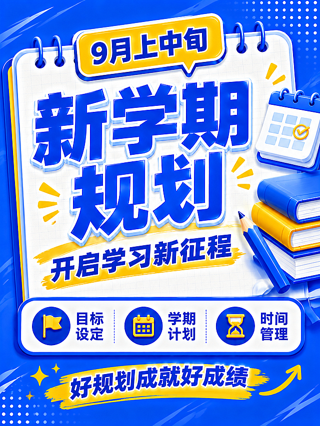 3D卡通风格开学季竖版推广海报，蓝黄配色，参考示例图风格。画面比例3:4竖版。画面主体是白色线圈笔记本背景，带网格纹理。顶部黄色圆角对话框标签写着"9月上中旬"。中央超大号蓝色立体字主标题"新学期规划"，带白色描边，视觉冲击力强。副标题"开启学习新征程"，蓝色字体配黄色笔刷底纹。中部三个圆形图标卖点区横向排列：第一个旗帜图标配文字"目标设定"，第二个日历图标配文字"学期计划"，第三个沙漏图标配文字"时间管理"。底部黄色箭头装饰配文字"好规划成就好成绩"。右侧装饰元素：堆叠的书本、蓝色铅笔、日历本。整体蓝色渐变背景带白色波点装饰，活泼明亮，文案醒目突出，适合手机端阅读。画面中所有信息区域必须填充完整合理的内容，不得出现空白框。