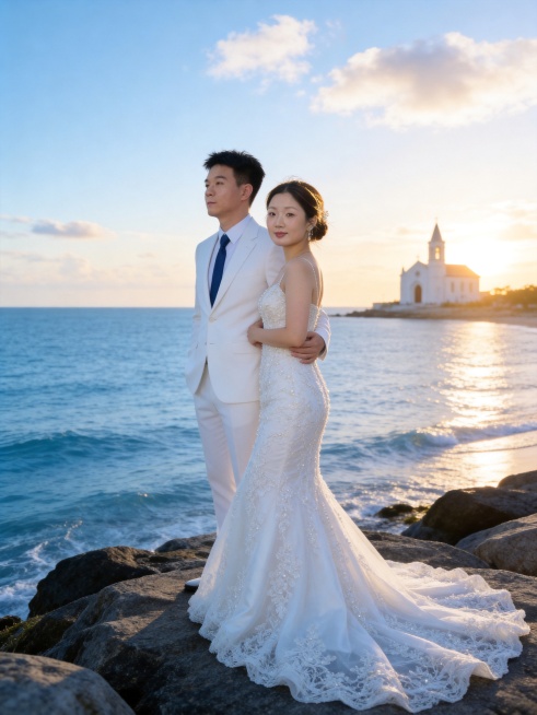 生成目的地婚礼旅拍结婚照双人合影写真，仅保留参考图1和参考图2人物脸型、发型、年龄等特征，忽略参考图中的配饰，日系胶片清新风格，低饱和清透蓝调，富士胶片颗粒感，色彩干净通透，柔和自然海岸逆光，勾勒发丝预览效果