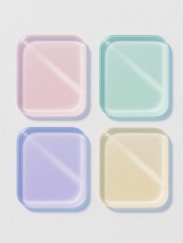 白色背景，四个等大圆角矩形卡片呈2x2规整网格排布，每个卡片保持原透明玻璃质感、细腻高光反射、淡蓝色描边风格，但整体色彩变换为不同色调：第一张卡片为淡粉色调玻璃质感，第二张为淡绿色调玻璃质感，第三张为淡紫色调玻璃质感，第四张为淡黄色调玻璃质感，所有卡片边缘光滑圆润，表面有柔和的斜向光影渐变，整体设计简洁现代，元素类目统一为玻璃质感卡片，系列感强。