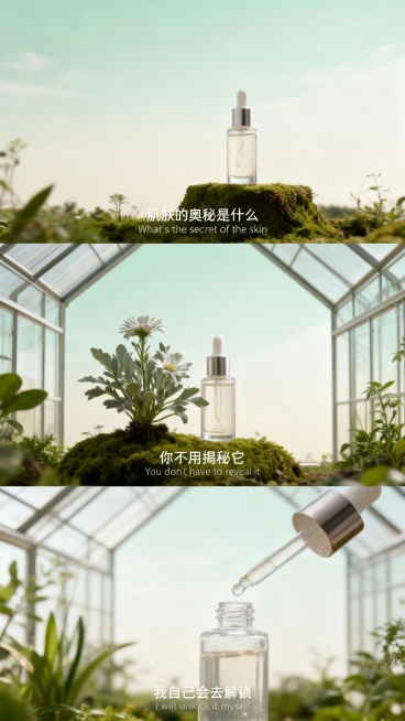 三宫格艺术感写真图，横向三宫格，场景为极简植物温室，天空呈淡绿与米白渐变，地面铺有苔藓。画面主体为透明瓶身精华液，营造成分探索与肌肤焕新氛围。最上面一张为中景，精华液置于苔藓台的 “背影” 角度（瓶身预览效果