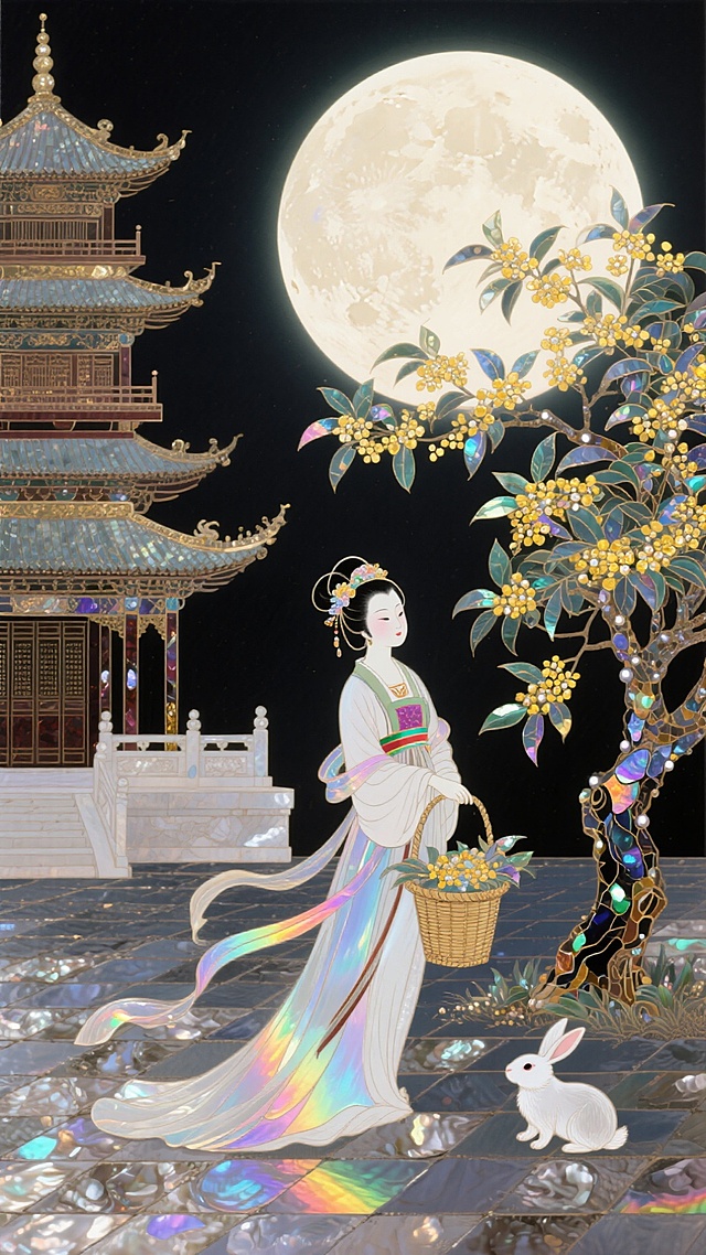 中式风格，华丽高耸的广寒宫外，嫦娥衣摆飘逸，手提着一个装满桂花的精致竹篮，她的旁边是一棵茂盛的大桂花树，小玉兔在桂花树下玩耍，广寒宫外的地面是宫砖，画面背景是一轮巨大的圆月，圆月在画面剧中的位置。