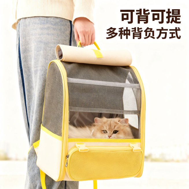 [主图 4] 猫咪外出双肩包可手提功能展示
[氛围风格] 舒适简约风格，生活化休闲感
[画面元素] 商业摄影质感、光线柔和通透、产品清晰真实、画面干净高级。保持原产品外观配色不变，模特手提着包包展示可预览效果