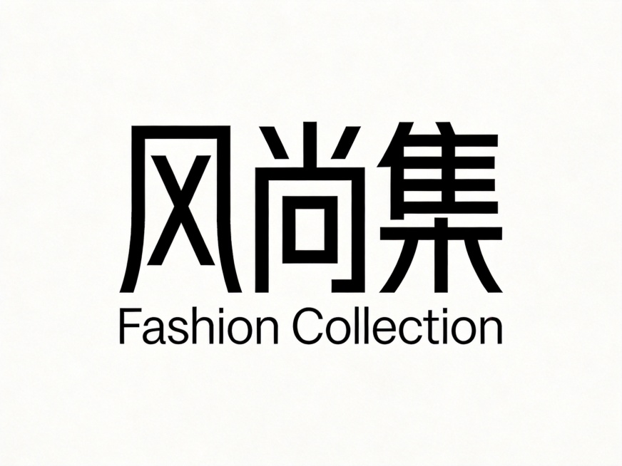 干净纯白色背景。平面艺术字体设计，包含中文"风尚集"和英文"Fashion Collection"，所有文字单行横向排列。现代极简风格，几何化无衬线字体，线条重构粗细均匀，简约大气时尚感。黑色主体文字预览效果