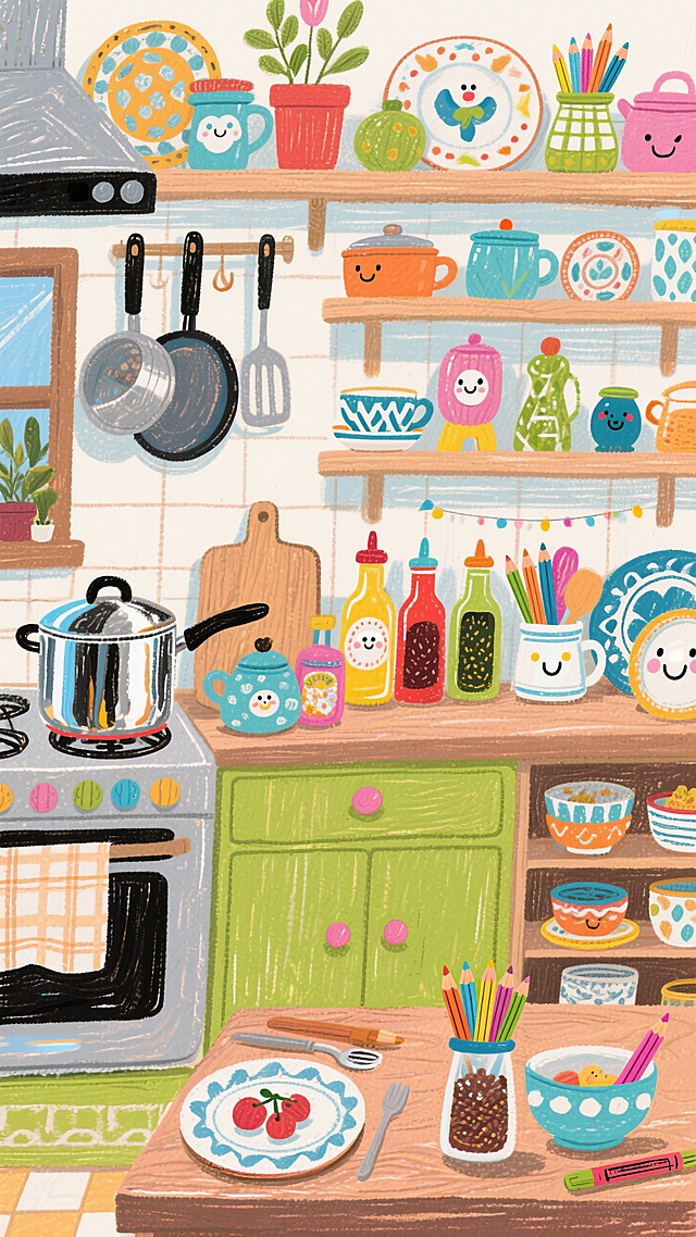 马克笔和彩色铅笔结合的手绘插画，色彩鲜艳饱和度高，绘画风格，厨房和厨房丰富的细节摆件和厨具，高清