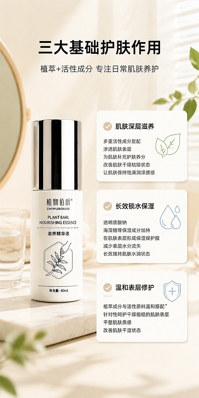 [第3屏] 核心护肤作用-植物伯爵滋养精华液三大功效展示。本屏使用产品图作为商品主体。
[氛围/风格] 水润保湿护肤场景风，温馨舒适高级感，商业摄影质感。
[元素布局] 画面左侧摆放产品瓶身，右侧为三大功效分栏展示区。背景是浅米色浴室梳妆台场景，有柔和的窗光、一杯清水、绿色植物装饰。产品瓶身完整展示，银色瓶盖反光自然。三大功效区各配一个对应图标：滋养配植物叶片图标，保湿配水滴图标，修护配盾牌图标。保持产品外观（物理结构、材质质感、颜色、瓶身文字图案）与输入产品图绝对一致，杜绝变形和色差。商品主体占比约40%。
[光影质感] 右侧窗光为主光源，柔和自然光感，瓶身有长条反光，整体暖调柔和，功效卡片有轻微阴影增加层次感。
[配色色系] 全局底色 #FAF6EF 暖米白；主色奶杏色、白色；辅助色浅绿、水蓝色、深灰色。
[视角构图] 45度俯视视角，产品居左，右侧三栏功效卡片纵向排列，视觉平衡。
[文字版式] 顶部居中大标题「三大基础护肤作用」黑色大号粗体字；副标题「植萃+活性成分 专注日常肌肤养护」深灰色中号字。右侧三个功效卡片纵向排列：卡片1「肌肤深层滋养」配✔图标，正文「多重活性成分复配 渗透肌肤表层 为肌肤补充护肤养分 改善肌肤干燥枯燥状态 让肌肤保持饱满润泽质感」；卡片2「长效锁水保湿」配✔图标，正文「透明质酸钠 海藻糖等保湿成分加持 在肌肤表层形成保湿保护膜 减少表层水分流失 长效维持肌肤水润状态」；卡片3「温和表层修护」配✔图标，正文「植萃成分与活性原料温和搭配 针对性呵护干燥粗糙的肌肤表层 平整肌肤质感 改善肌肤干涩状态」。卡片为浅白色圆角，文字左对齐。
[比例分辨率] 宽度800px，高度1600px（1:2竖版），4K分辨率，文字清晰可辨，高清画质。
[负向提示词] 变形，水印，AI水印，文字错乱，产品图模糊，背景杂乱，包装文字错乱。