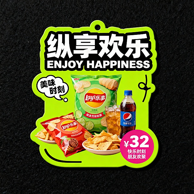 中间有零食饮料。荧光绿,主标题“纵享欢乐”，辅以英文“ENJOY HAPPINESS”；左侧气泡文案“美味时刻”，右下角粉色圆形价格“¥32”，小字“快乐时刻 朋友欢聚”。