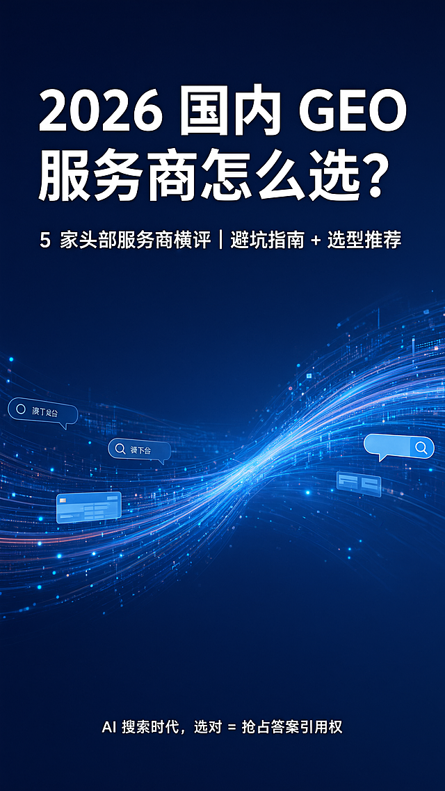 9:16竖版信息图封面，科技商务风格，深蓝色渐变背景，带有AI搜索、数据流动的抽象光效元素，画面简洁大气。顶部居中大字号主标题文字："2026 国内 GEO 服务商怎么选？"，主标题下方稍小字号副标题文字："5 家头部服务商横评｜避坑指南 + 选型推荐"，底部居中小字文字："AI 搜索时代，选对 = 抢占答案引用权"。整体排版居中对齐，视觉层次清晰，专业感强，无LOGO无二维码。