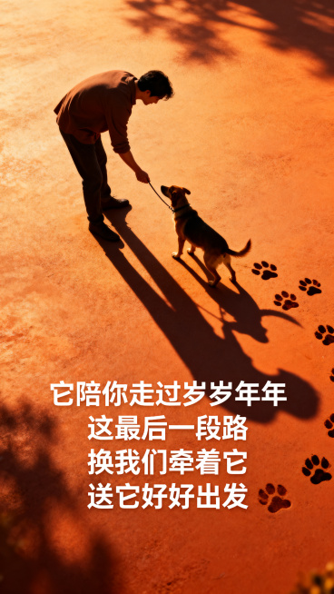 星宠驿站宠物殡葬核心宣传图，温暖橘色暖光背景，主人牵着宠物爪印影子的创意画面，配文“它陪你走过岁岁年年，这最后一段路，换我们牵着它，送它好好出发”，治愈感人，竖版构图预览效果