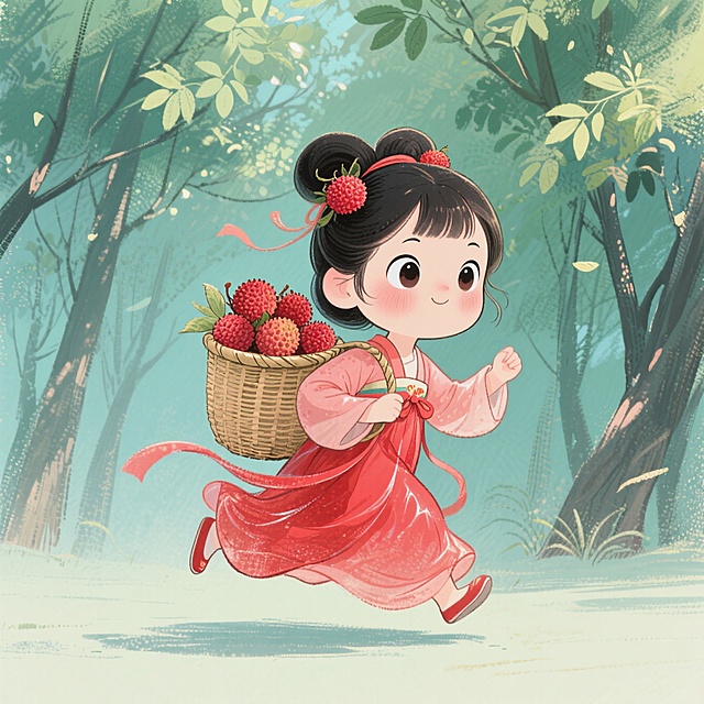 Q版可爱卡通唐朝女孩（大眼睛、淡腮红，带有细节的艳红丝绸服装）奔跑，身后的竹篓里装满荔枝，背景是树林