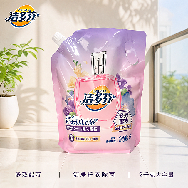 [主图-1] 洁多芬香氛洗衣液首图，真实阳台场景展示。
[氛围风格] 高端简约，洁净清新，实用高级感
[画质] 商业摄影质感，光线柔和通透，产品清晰真实，画面干净高级
[元素] 保持洁多芬洗衣液产品外观、物理结构、材质质感、颜色与输入产品图绝对一致，杜绝任何变形和色差，精细化处理。产品居中放置，左上角保留原品牌logo，商品主体占比约70%。背景为明亮整洁的浅白色阳台瓷砖，点缀一盆清新绿植，阳光自然洒落，画面满屏无边框，高端干净，无其他产品辅助。
[光影] 上午自然侧光，柔和明亮，整体通透干净，高光不溢出，暗部有层次，突出产品洁净感。
[配色] 主色调浅米白，辅助色产品本身粉紫色，色彩干净舒适
[视角构图] 平视拍摄，景深适中，产品为视觉中心
[文字版式] 左上角负空间左对齐，放置提取的洁多芬logo。底部三列均分排版，每列一个卖点，深紫色字配浅色背景：第一列「多效配方」，第二列「洁净护衣除菌」，第三列「2千克大容量」。文字占比小于30%，清晰不遮挡主体。
[比例分辨率] 1:1比例，4K分辨率，文字清晰可辨，超高清
[负向提示词] 变形，水印，文字错乱，产品图模糊，背景杂乱，出现其他产品，出现第二件半价字眼，低俗，劣质
