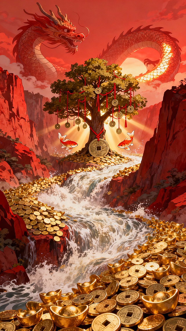 国潮风插画，红龙盘旋于鎏金瀑布之上，古树挂满铜钱与锦鲤，光影交织，重拟物手法呈现奢华喜庆的虚拟自然景观。