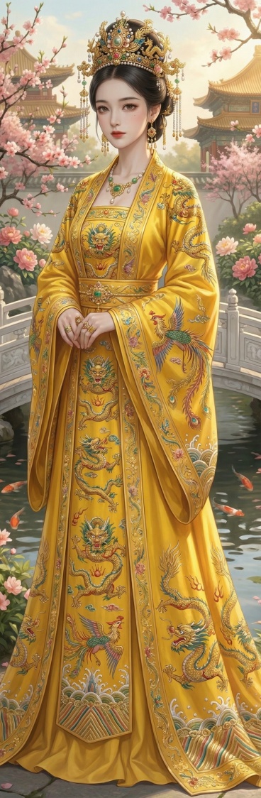 将图中人物改为皇后形象，身着明黄色华贵凤袍，头戴九龙四凤冠，配饰尽显雍容华贵，气质端庄威严，背景为皇宫御花园预览效果