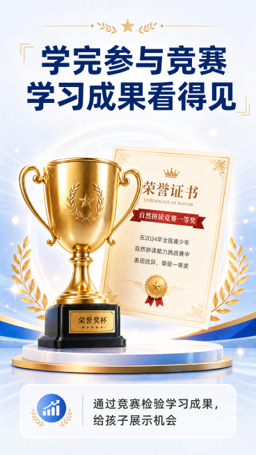 基于原图修改，将证书上的文字从编程竞赛改为自然拼读竞赛，保持整体版式、配色、风格、奖杯位置完全不变。仅修改证书上的红色横幅文字和正文描述，红色横幅改为“自然拼读竞赛一等奖”，正文修改为“在2024年全预览效果