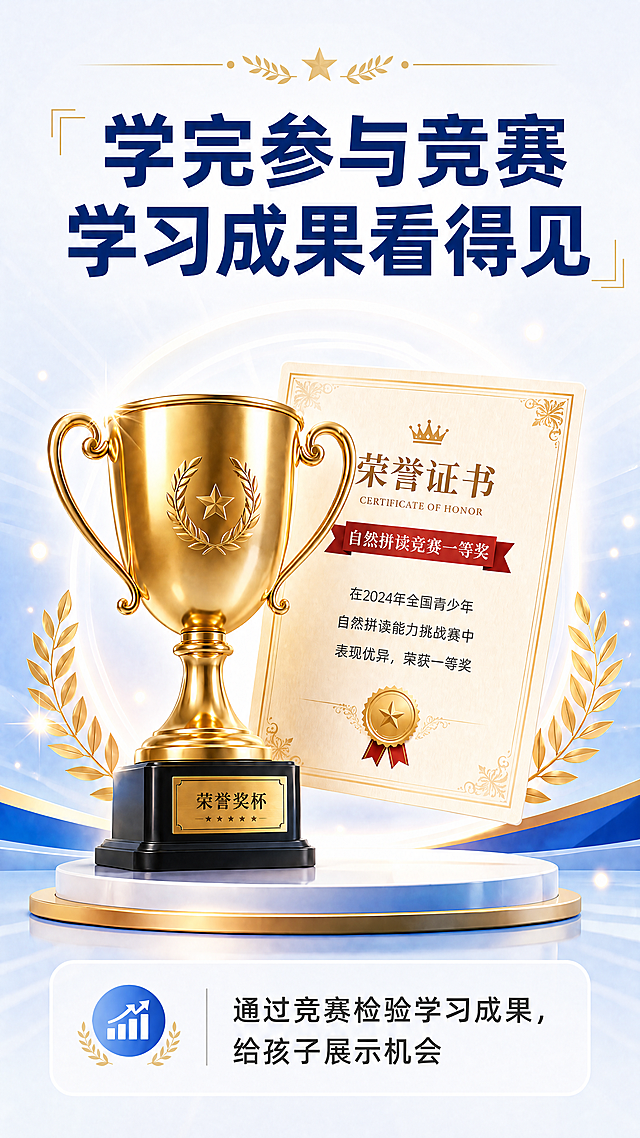 基于原图修改，将证书上的文字从编程竞赛改为自然拼读竞赛，保持整体版式、配色、风格、奖杯位置完全不变。仅修改证书上的红色横幅文字和正文描述，红色横幅改为“自然拼读竞赛一等奖”，正文修改为“在2024年全国青少年自然拼读能力挑战赛中表现优异，荣获一等奖”，其他所有元素保持和原图一致。整体保持9:16竖版，4K分辨率，文字清晰可辨，风格统一。