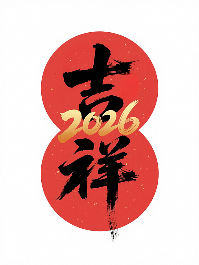 主体是红色春联，两个红色圆上下拼接，内部写着苍劲的黑色毛笔书法 “吉祥” 二字，点缀金色渐变的 “2026” 。白色背景
