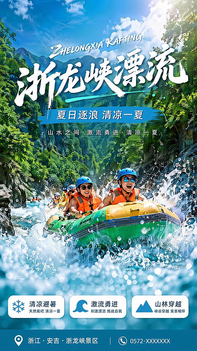 写实商业摄影风格 夏日清凉浙龙峡漂流宣传海报，主视觉为峡谷河流中的漂流皮筏艇，游客正在激流中冲漂，四周青山环绕，水花飞溅，整体氛围清凉刺激。画面包含清晰文案：主标题"浙龙峡漂流"，副标题"夏日逐浪 清凉一夏"，卖点标签"清凉避暑"、"激流勇进"、"山林穿越"。版式精美，分区明确，9:16竖版，超高清画质，清新夏日蓝绿色调，光影自然，前景水花虚化营造景深，主体突出清晰，文字清晰可读。