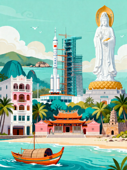 国潮风新国风城市文旅插画，现代扁平国风商业插画，包含海南海口骑楼老街、文昌航天发射塔、三亚天涯海角、南山观音、博鳌亚洲论坛会址、五指山、万泉河、博鳌玉带滩、火山口地质公园、海南传统骑楼、黎族船型屋、南预览效果