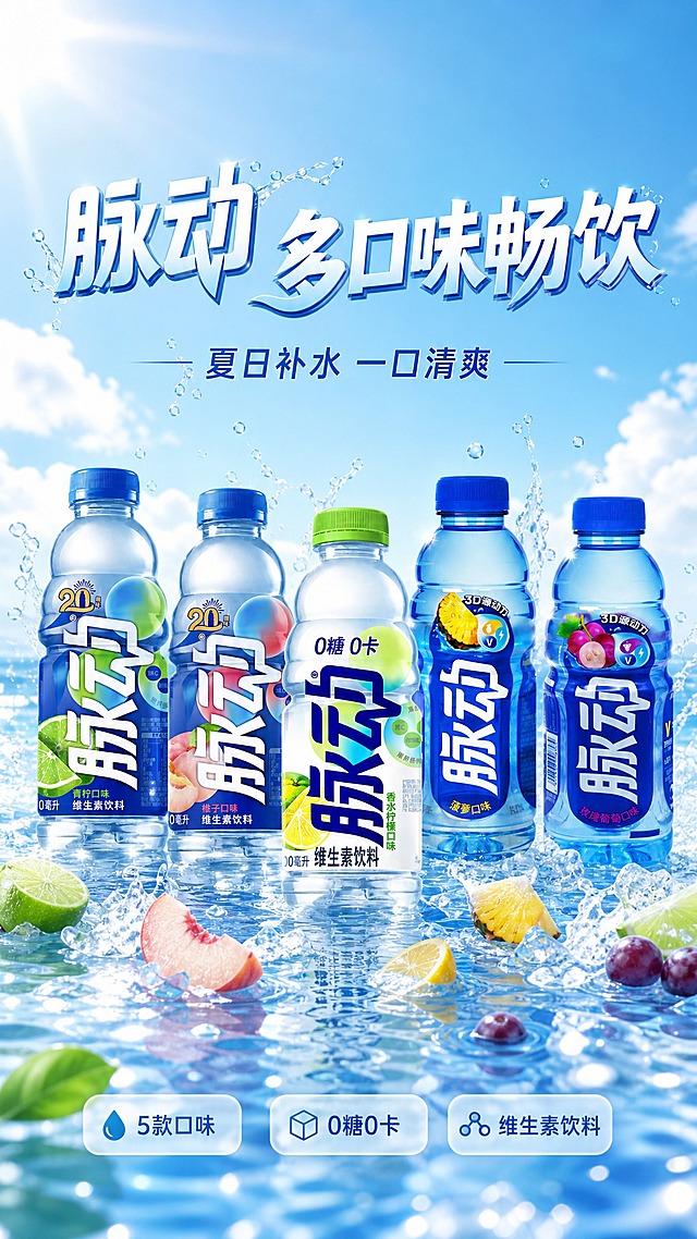竖版饮料海报，蓝天水饮背景，蓝天白云搭配清澈水面，水面有轻微波纹与水花飞溅，整体清爽通透、夏日清凉感。画面中下部错落有致地陈列5瓶脉动饮料，从左到右依次为：【图1】青柠口味脉动（20周年款，蓝盖蓝瓶青柠图案）、【图2】桃子口味脉动（20周年款，蓝盖蓝瓶桃子图案）、【图3】0糖0卡香水柠檬口味脉动（绿盖白瓶柠檬图案）、【图4】菠萝口味3D源动力脉动（蓝盖深蓝瓶菠萝图案）、【图5】玫瑰葡萄口味3D源动力脉动（蓝盖蓝瓶葡萄图案）。五瓶饮料高低前后错落摆放，形成自然节奏，瓶身正面标签清晰可读，产品占画面约55%~65%。画面上方留出大面积空白区域用于放置大标题，标题区位于画面上部约1/3处，主标题大字醒目："脉动 多口味畅饮"，副标题："夏日补水 一口清爽"。画面中下部点缀3个卖点短标签："5款口味"、"0糖0卡"、"维生素饮料"，标签为半透明圆角样式，不遮挡产品主体。整体风格为写实商业摄影风，顶部自然光+侧前方柔光，瓶身有通透水感光晕，前景点缀少量虚化水珠与水果切片，背景层次分明（远景天空→中景水面→前景产品），版式精美，四周留安全边距。所有产品100%还原上传商品图的外形、包装、LOGO、印刷文字、净含量，瓶型、瓶盖、标签版式、品牌logo、口味文字、颜色与正面朝向均与上传图保持一致，设计仅作用于背景、光影、道具、版式和文字区。画面中所有数字必须精确渲染，不得错位、遗漏或编造。画面中所有信息区域必须填充完整合理的内容，不得出现空白框、空白占位、横线待填写区域，确保是完整可用的成品海报。