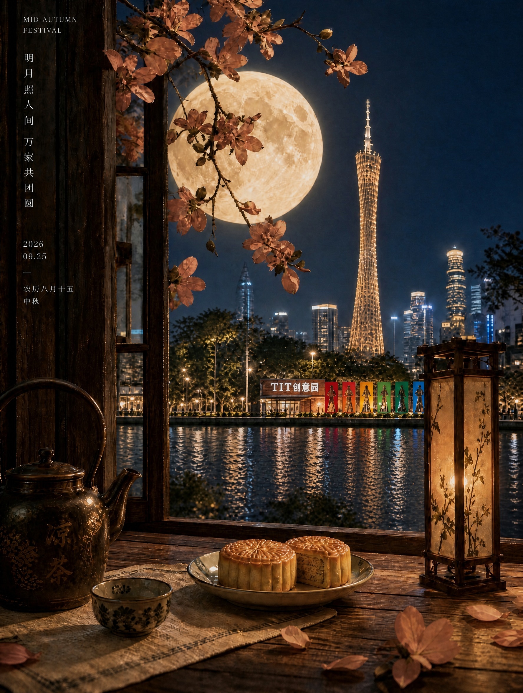 基于这张中秋月夜窗边图片进行修改：1. 将江对岸的TIT创意园… - 图片创意预览