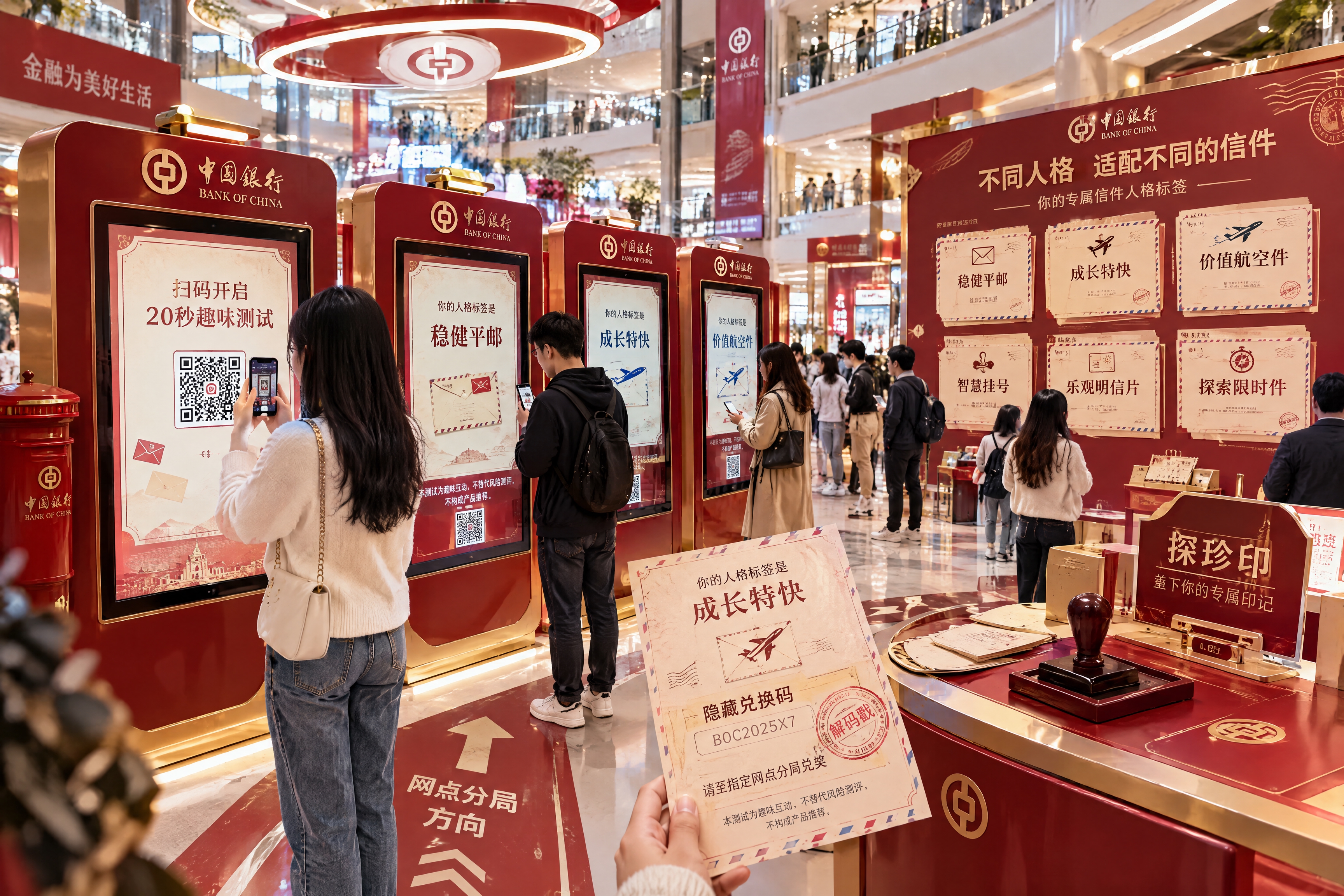 中国银行快闪活动场景，商业摄影与3D渲染结合风格。空间核心为扫… - 图片创意预览