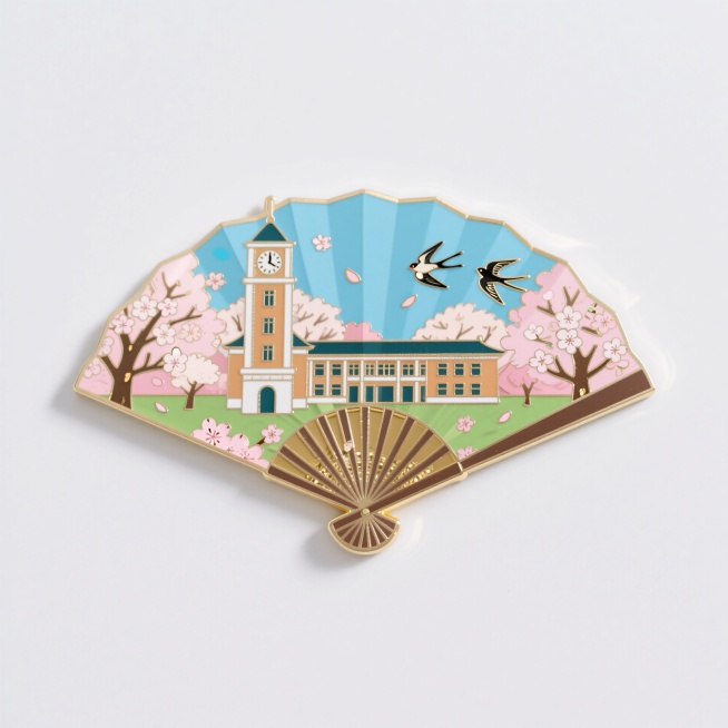 金属珐琅冰箱贴，中式古扇形状，画面主体为校园钟楼图书馆，背景为樱花树林，樱花飘落，飞鸟元素点缀，合理排版，配色鲜明预览效果