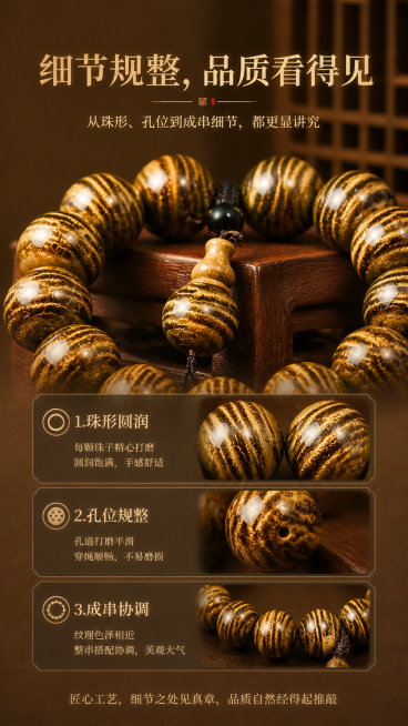 制作9:16竖版第四屏工艺细节详情页，保持和前三屏一致的暖棕色明亮新中式风格。大标题"细节规整，品质看得见"，副标题"从珠形、孔位到成串细节，都更显讲究"，三个卖点：1.珠形圆润；2.孔位规整；3.成预览效果