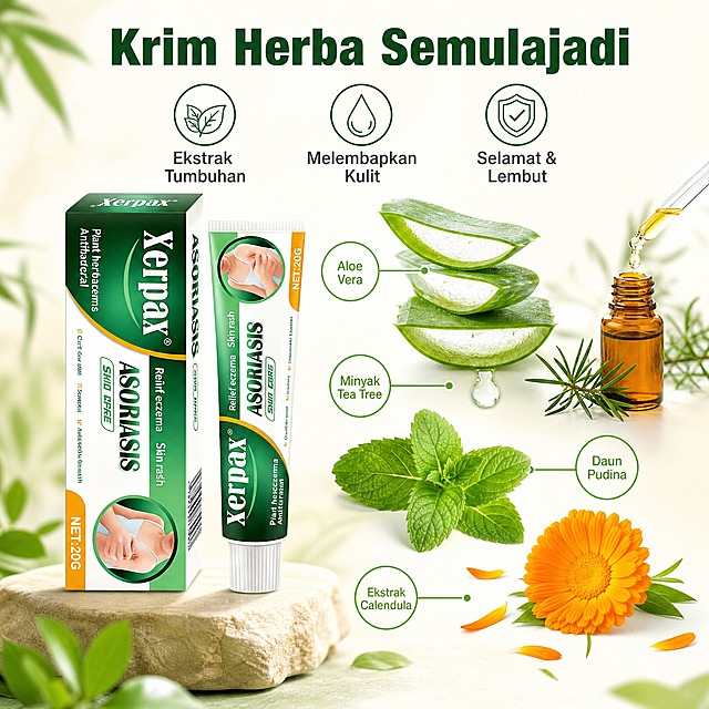 [主图-2] Xerpax Krim Psoriasis Herba Tumbuhan 20g 核心功效与天然植萃成分展示图。
[统一基调] 东南亚马来西亚市场，马来语上图文案，明亮暖调植萃天然风格，主色为清新绿+奶油白+少量橙黄点缀，主标题用干净无衬线粗体深绿色，辅助文字用深灰色，图标用细线简约风格，整体清爽专业，移动端易读。
[画面] 产品（软管+包装盒）位于画面左侧约占40%，呈45度角摆放。右侧和上方环绕真实天然植物成分元素：新鲜芦荟叶片、茶树精油滴液、薄荷叶、金盏花瓣，以悬浮或轻摆方式分布，每种成分旁有细线引出的小圆标签。背景为浅奶油色渐变，底部有柔和绿色植物投影。画面上方是大标题，下方排列3个圆形图标卖点。产品外观与输入图完全一致。
[光影质感] 自然光感，柔和侧上方主光，植物叶片有通透感，产品有真实材质反光，整体清新自然。
[配色] 浅奶油白背景，清新绿色为主，橙黄色点缀，标题深绿色，辅助文字深灰色。
[文字版式] 顶部大标题用马来语："Krim Herba Semulajadi"，字号最大粗体深绿色。下方三个圆形图标卖点，从左到右：1) 叶子图标 + "Ekstrak Tumbuhan" 2) 水滴图标 + "Melembapkan Kulit" 3) 盾牌图标 + "Selamat & Lembut"。文字均为马来语，横排，清晰可读，不遮挡产品主体。
[输出要求] 比例1:1，2048x2048，产品清晰，文字锐利，成分元素真实自然。负向：变形、错字、模糊、杂乱、水印、中文、悬浮过度、穿模。