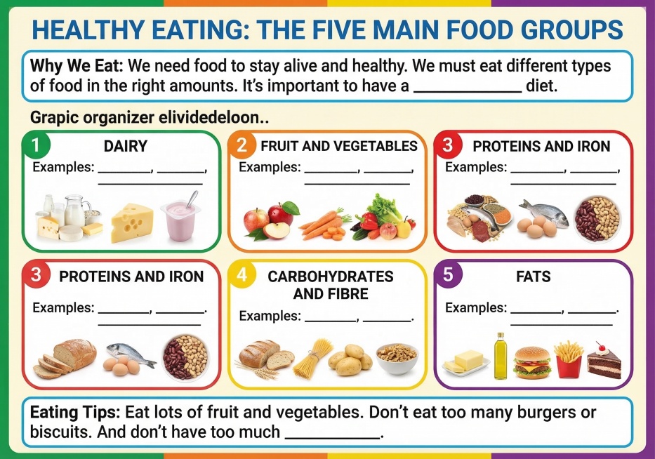 Create a horizontal A4 English summary poster about healthy eating and five main food groups from th预览效果