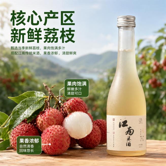 使用电商主图技能生成5张比例1:1的电商主图，适配平台为抖音，商品为「图片1」，商品卖点为荔枝米酒，预览效果