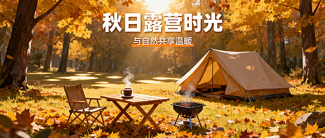 秋日露营主题，秋日森林中的户外露营场景，铺满金黄落叶的草地上，有搭建好的帐篷，木质露营桌椅，热咖啡和烤架，远处阳光透过秋叶洒下，氛围温暖治愈，适合作为微信公众号首图