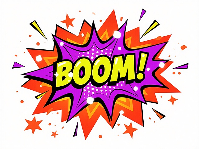 俯视视角，漫画风格特写，霓虹紫色与荧光黄色交织的"BOOM!"字样从破裂的漫画对话框中喷涌而出，字体棱角分明且带有动态速度线，黑色粗描边内嵌着闪烁的白色光点，背景是层层递进的橙红色爆炸波纹与飞溅的星形碎片，中心区域的强光形成放射状眩光效果，整体构图呈现强烈的向外扩张感，白色背景使所有元素如同从纸面弹出般充满张力，完美捕捉到惊喜瞬间的爆发力与视觉冲击。