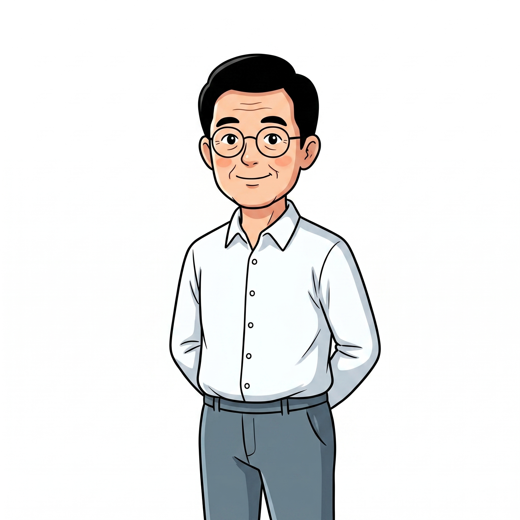 参考提供图片中的卡通插画设计风格，生成一位中年男老师，黑色短发… - 图片创意预览