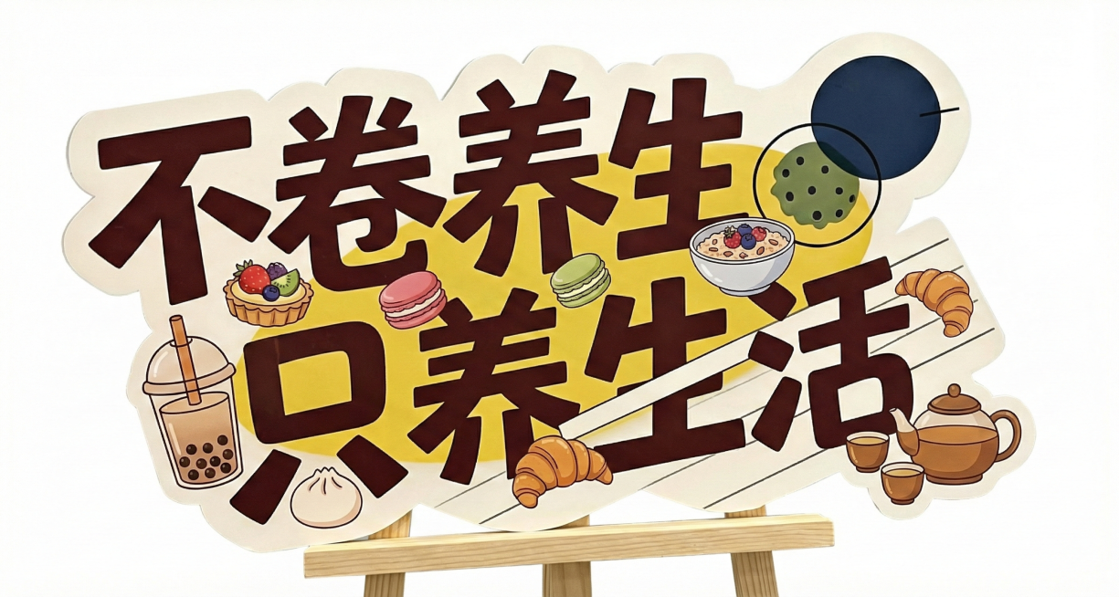 设计美食主题异形KT板，文字“不卷养生 只养生活”，适配新华书店展台，面向年轻人，风格活泼吸睛，纯白色背景，在参考图基础上创新，融入美食元素预览效果