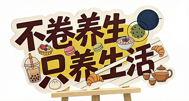 设计美食主题异形KT板，文字“不卷养生 只养生活”，适配新华书店展台，面向年轻人，风格活泼吸睛，纯白色背景，在参考图基础上创新，融入美食元素