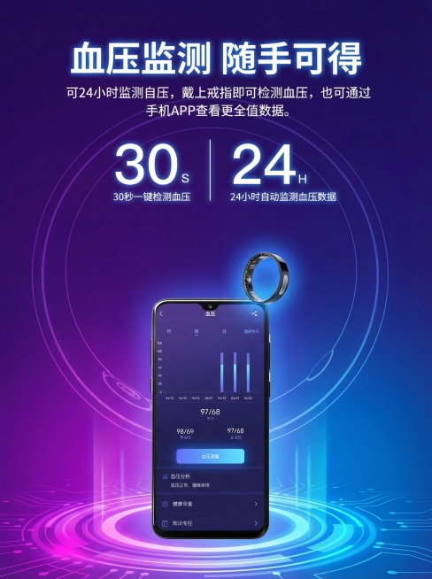 修改这张智能戒指商品图：调整为1200*1600像素，3:4比例，调节图片中元素位置以适配新尺寸比例，保持产品主题外观、细节不变，保持画面表达的主要内容不变，优化为科技感冷蓝紫主题风格预览效果