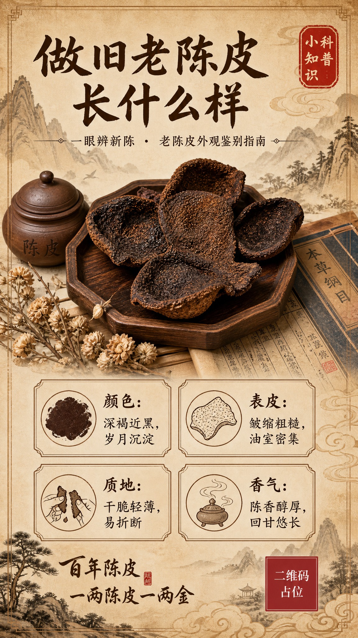 国风新中式工笔风格科普海报，竖版9:16，古朴典雅的做旧老陈皮… - 图片创意预览