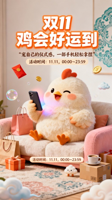 双11促销海报，主角是一只毛绒绒、胖乎乎的小鸡，坐在柔软的沙发上，手里拿着一部手机开心网购。手机屏幕发出柔和光晕，映照出小鸡幸福的表情。周围有购物袋、礼盒、快递箱、咖啡杯等元素，营造出轻松愉快的居家氛预览效果