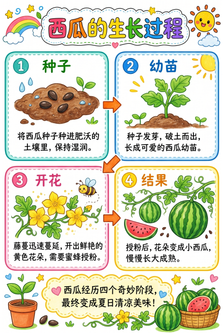 延续参考图的手抄报版式风格，制作西瓜生长过程的手抄报，分为四个生长阶段：种子、幼苗、开花、结果，每个阶段配有对应插图和文字说明，顶部大标题为"西瓜的生长过程"，整体为彩色手绘儿童画风格，色彩鲜艳预览效果