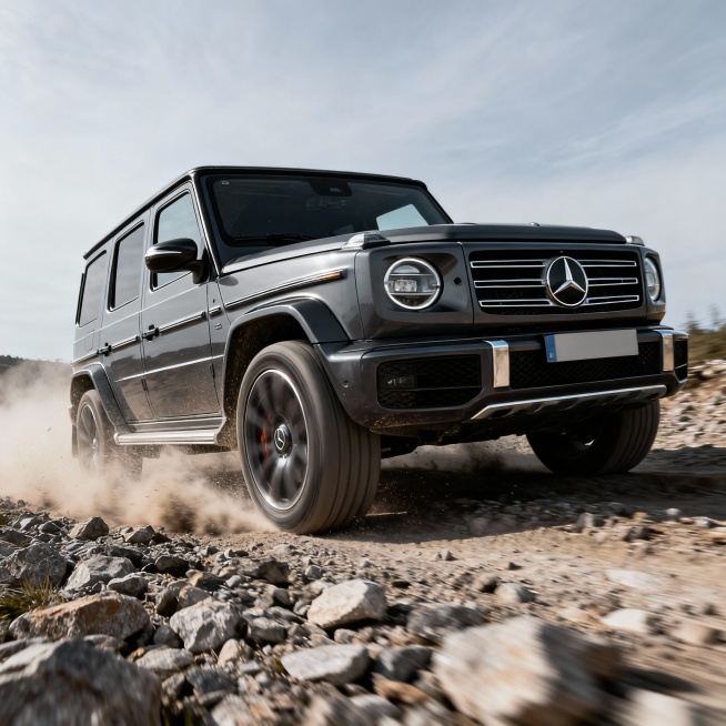 写实汽车摄影。深灰色奔驰SUV在颠簸砂石路面（デコボコ道）行驶，扬起尘土。整体动态模糊效果，突出车辆稳定性。预览效果