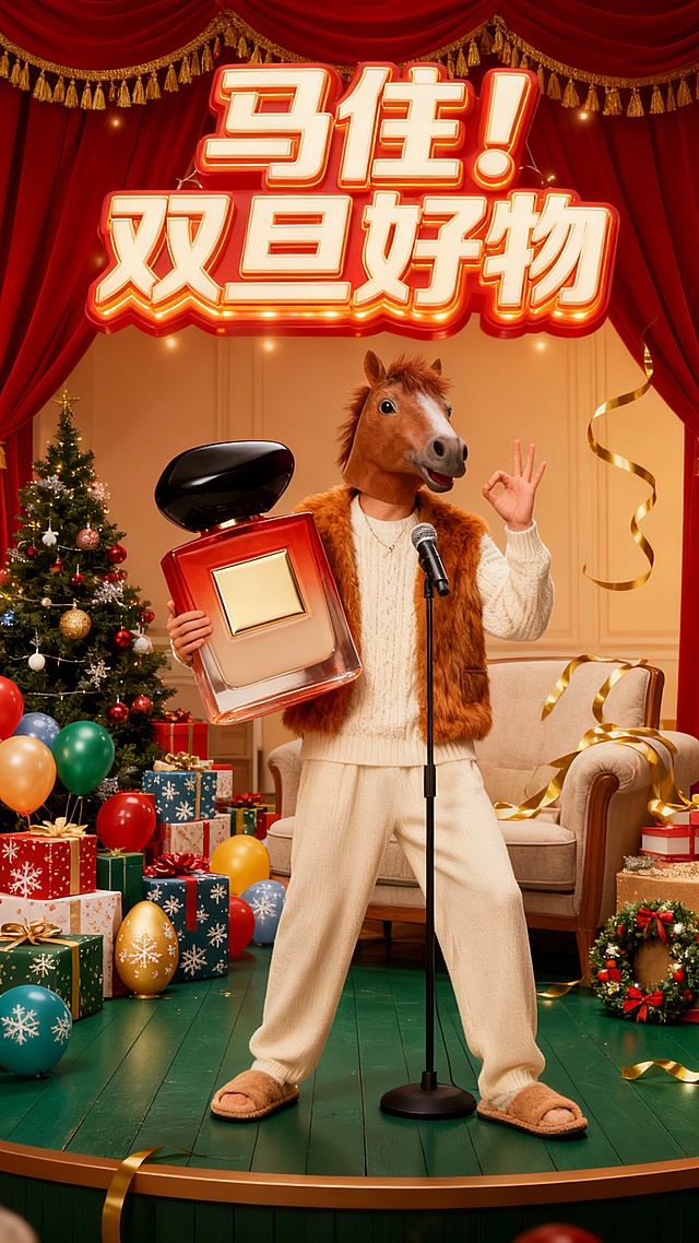 温暖家居剧场
综艺宣传海报风格，带棕色植绒马头面具的年轻模特，身穿米白色针织套装搭配焦糖色毛绒马甲，脚踩同色系拖鞋，手持超级巨大化的香水，身体微侧靠向立麦，单手比出“OK”手势，舞台打造温馨家居剧场，墨绿色木质地板上摆放着堆满礼物的圣诞树、印着雪花图案的礼盒与彩色气球，金蛋表面绘有圣诞花环纹样，金色彩带飘落在家具与模特肩头，画面顶部巨大的3D创意变形艺术字“马住！双旦好物”，字体边缘镶暖光效果，背后是缀有金色流苏的红幕布，整体风格温暖治愈。
