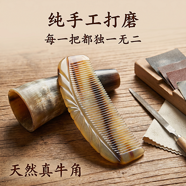 [主图 3] 牛角梳手工工艺细节展示图。
[氛围风格] 古典素雅质感风，真实匠人感；
[画质] 商业摄影质感、光线柔和通透、产品清晰真实、画面干净高级。
[元素] 牛角梳放置在古朴榆木桌面上，旁边放置一小块天然牛角原料，以及手工打磨工具示意，保留原产品的黄褐渐变色和羽毛造型。保持牛角梳外观、物理结构、材质质感、颜色与输入产品图绝对一致，杜绝任何变形和色差，精细化处理。商品主体占比约70%，整体构图干净，突出手工制作过程的天然质感。画面满屏无边框。
[光影] 侧光突出牛角通透质感和表面打磨光泽，木材背景漫反射柔和，光影层次自然，突出材质温润感。
[配色] 主色为原木暖棕、牛角天然黄褐，配浅木色背景，整体统一素雅。
[视角构图] 俯视平铺构图，主体居中，景深清晰。
[文字版式] 顶部居中大字文案 "纯手工打磨"，深棕色书法字体，下方小字辅助说明 "每一把都独一无二"，底部左侧标注材质 "天然真牛角"，文字都在产品外围留白处，不遮挡主体，清晰易读。
[比例分辨率] 1:1 比例，2k 分辨率；文字清晰锐利，画面超高清。
[负向提示词] 变形，水印，文字错乱，产品图模糊，背景杂乱，梳子形状改变，色差
