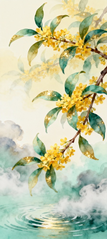国风水彩插画，画面主体是一枝缀满黄色桂花的枝条，花瓣与青绿叶片都点缀了金粉质感，背景是朦胧的云雾与水波纹，暖黄 + 浅青绿的色调清新柔和预览效果