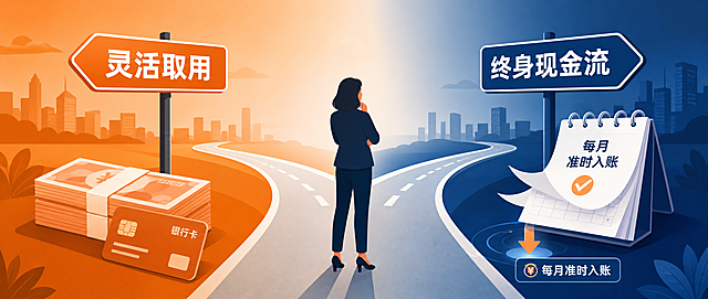 扁平化现代金融App风格海报，一条道路从中间分岔，左侧画面偏暖橙色，路牌写"灵活取用"，摆放一摞钱和一张银行卡；右侧画面偏深蓝色，路牌写"终身现金流"，日历页翻动并有每月准时入账的箭头；中间站立着一个40岁女性的剪影，正在看两个路牌；整体配色使用品牌色深蓝#1a365d+暖橙#dd6b20，扁平化风格，文件大小JPG≤500KB