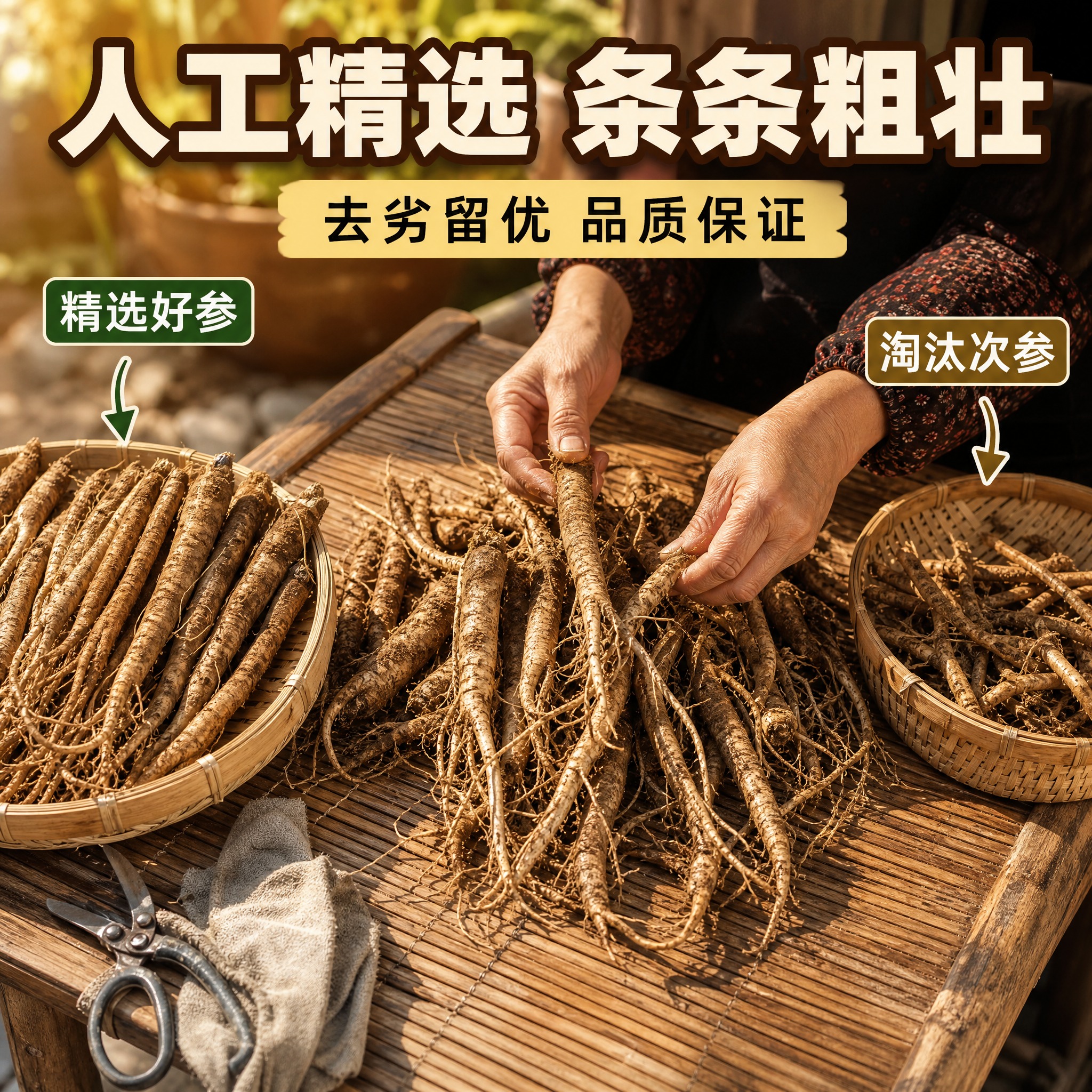 [主图-9] 云南臭参品质筛选分级图，核心任务是展示人工挑选过… - 图片创意预览