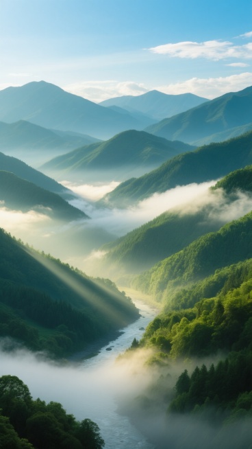 清晨或傍晚时分的山脉全景，连绵起伏的多层山峦呈现深浅不一的绿色，从近处茂密的墨绿色森林到远处被薄雾笼罩的淡绿色山峰，山间云雾缭绕如轻纱般飘荡在山谷间，一条蜿蜒的河流穿过山脚，阳光从云层间隙洒落形成柔和的光束，照亮部分山脊和河谷，天空湛蓝纯净点缀着几缕白色云朵，整体画面层次分明、色彩清新自然，营造出宁静悠远、生机勃勃的山水意境，具有高度写实的摄影质感，细节丰富的植被纹理和清晰的山体轮廓。预览效果
